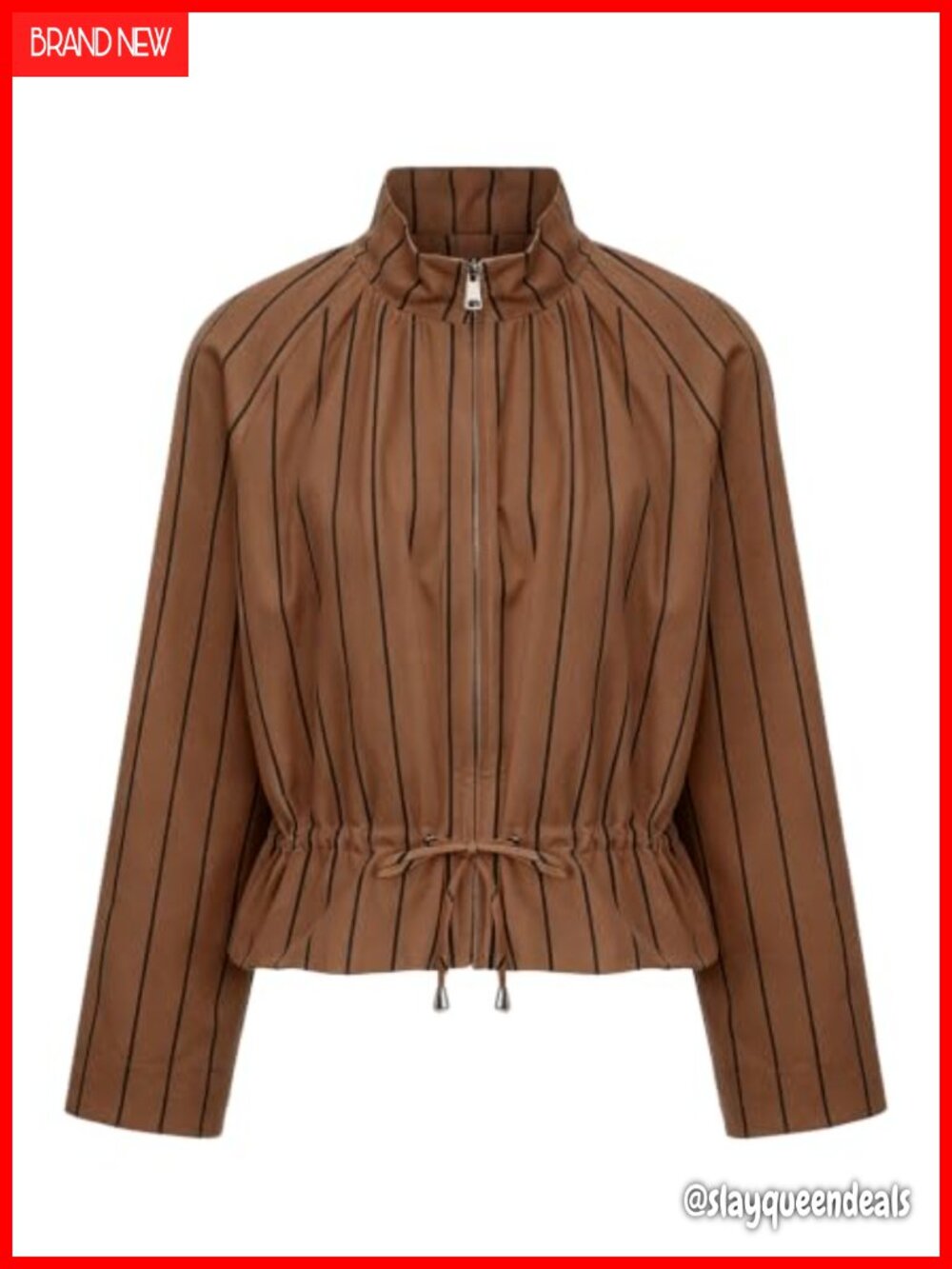 Funnel Neck Striped Cropped Jacket Cotton Lightweight Zip Up